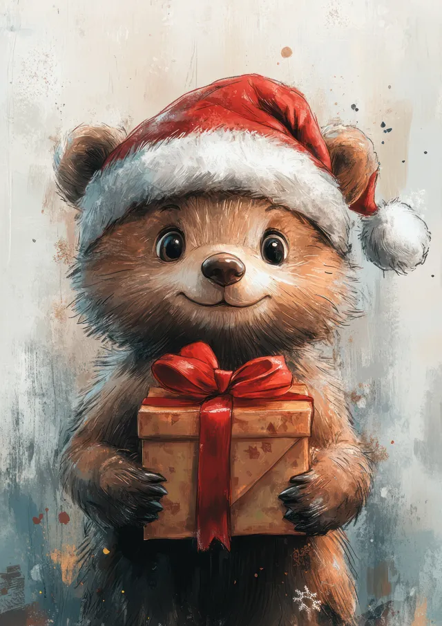 Cute teddy bear in Santa hat holding a wrapped gift box, snowy watercolor background