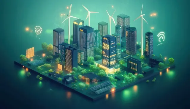 Isometric green data center campus with solar panels, wind turbines, and glowing server racks amid foliage.