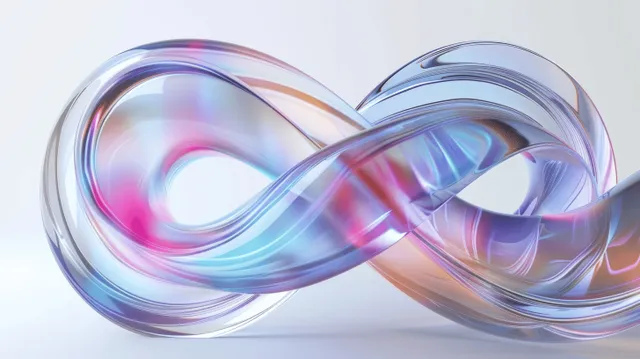 Anillos de cristal iridiscente entrelazados forman una espiral infinita retorcida con luz holográfica sobre un fondo blanco.