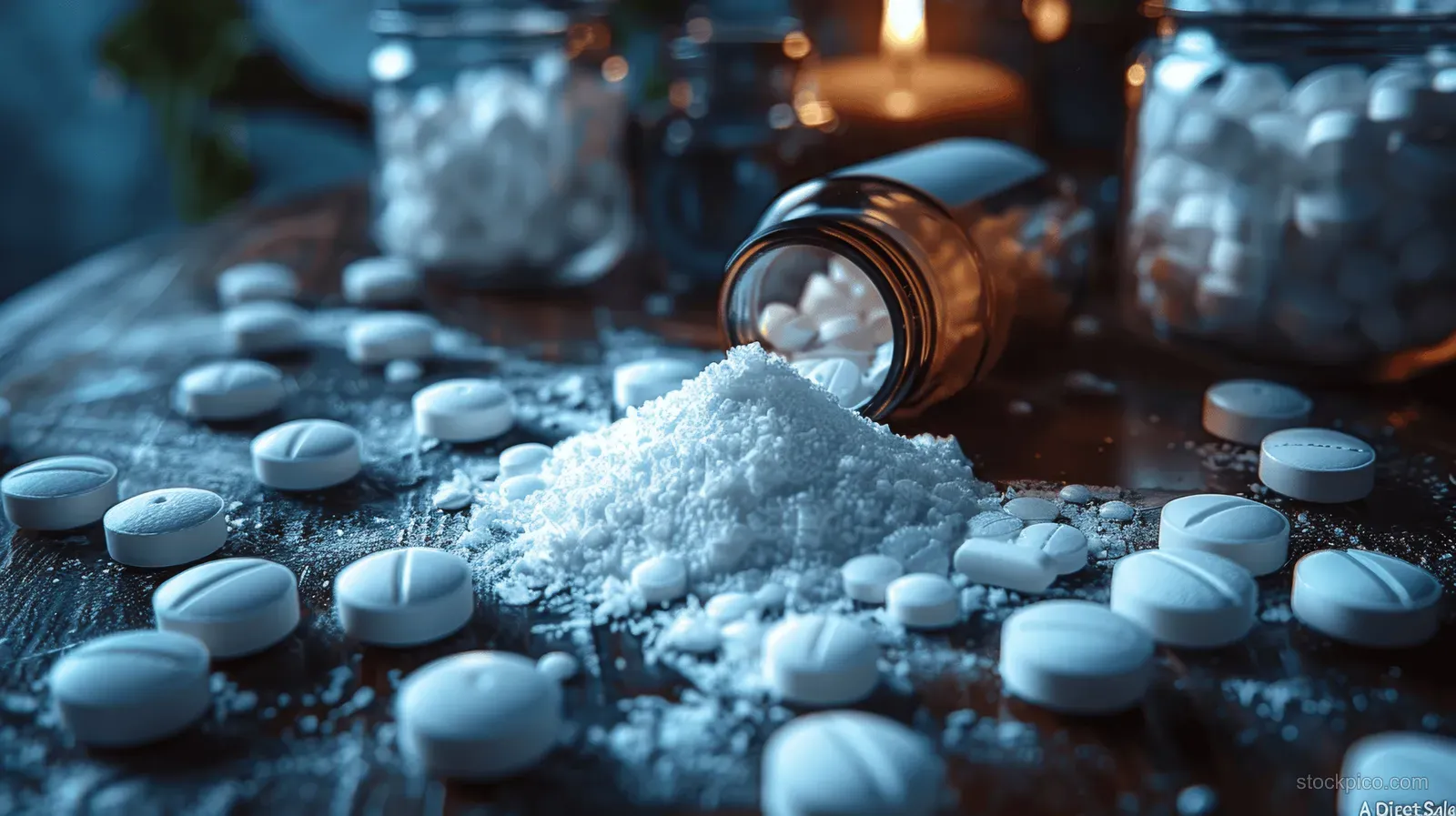 Drug powder spills from a bottle onto scattered tablets in a dim evidence-style warehouse scene.