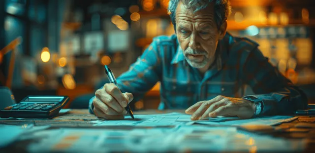 Elderly accountant writing numbers by calculator at desk with expense papers and charts