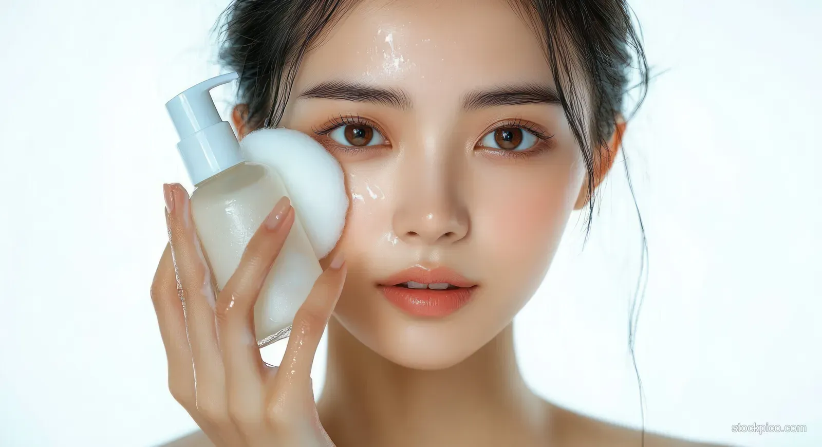 Young woman holds a foam cleanser pad and skincare bottle close to her face with wet glossy skin.