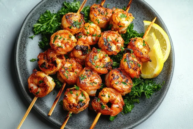 Grilled shrimp skewers on a grey plate with parsley garnish and lemon wedges.