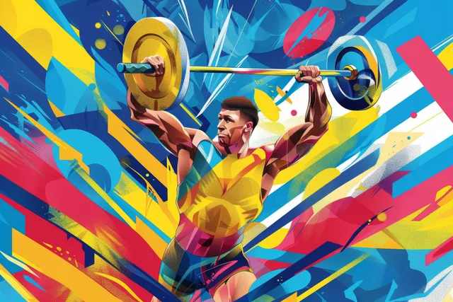 Ukrainian weightlifter drives an 81 kg barbell overhead against a colorful patriotic blast
