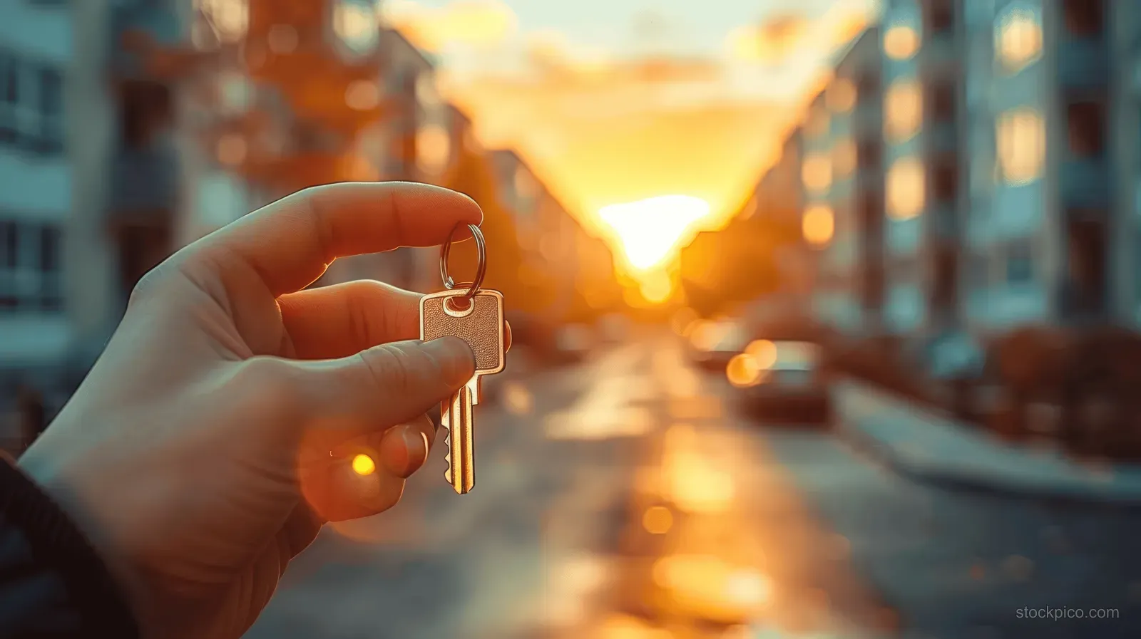 A hand holds house keys with glowing sunset reflections and a blurred city street behind.