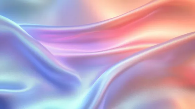 Flowing pastel silk-like waves in an iridescent holographic background with soft rainbow gradients.