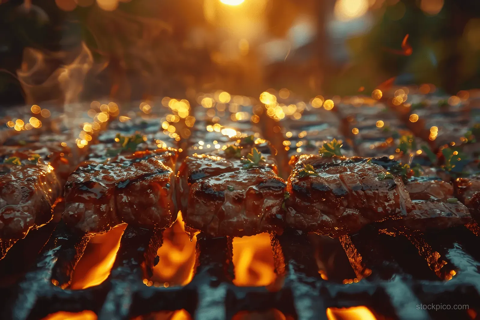 Thick steaks sizzling on a barbecue grill with flames and warm sunset light.