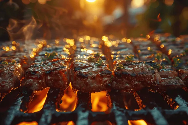 Juicy Steaks Sizzling on Barbecue Grill in Golden Evening Light