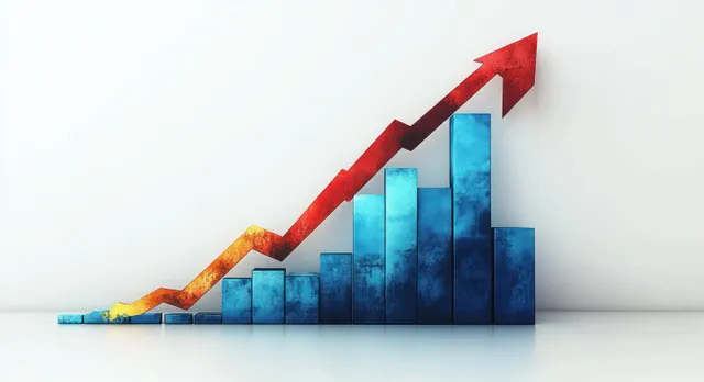 3D blue bar graph increases upward with a red arrow on a white background showing steady growth.