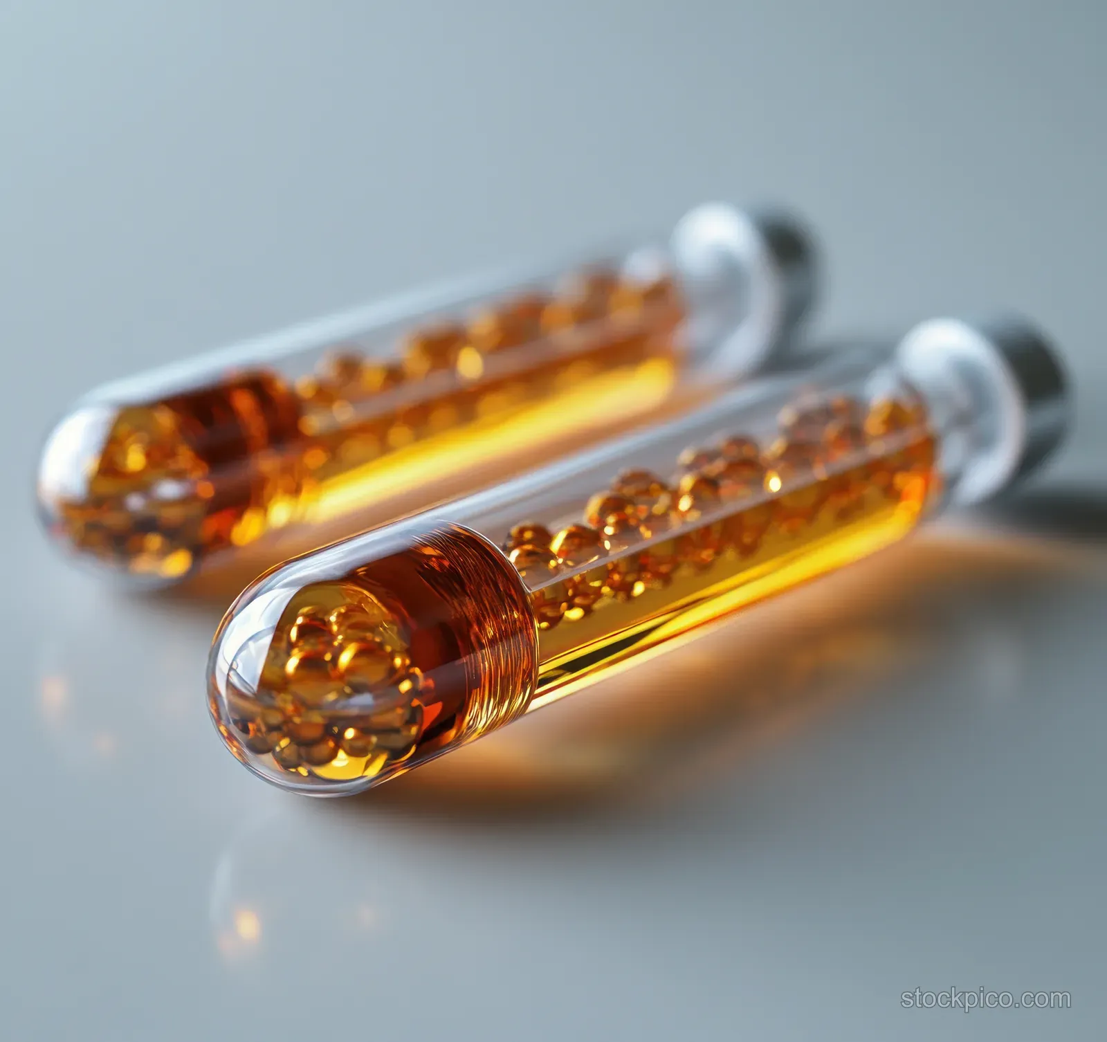 Two transparent medical ampoules filled with golden liquid beads sit on a white studio background.