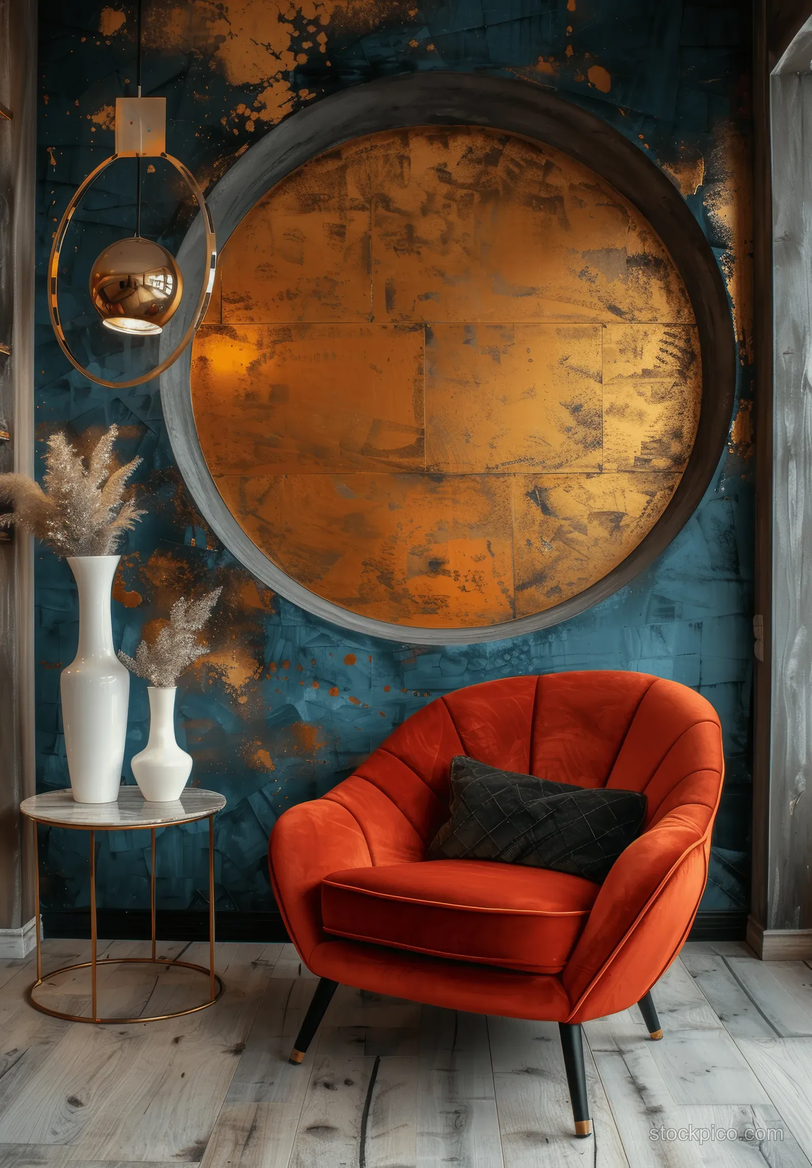Red velvet armchair in a modern room with a marble coffee table, gold accents, and a large round mirror.