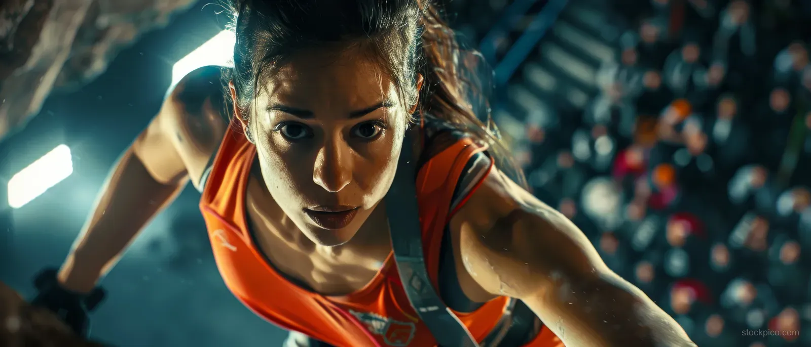 Italian woman athlete climbs upward in a sport climbing event under dramatic stadium lights with a rope visible.