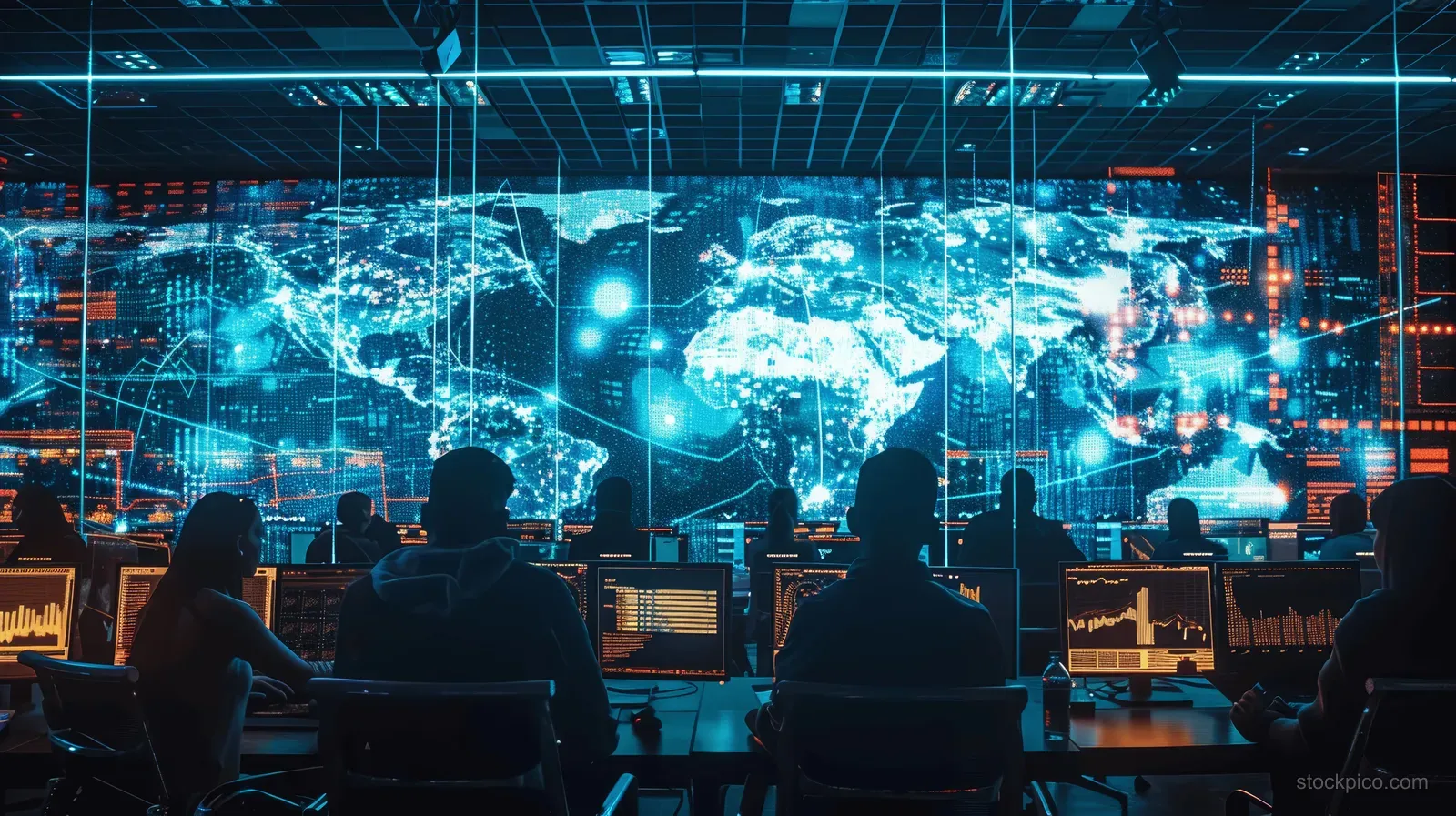Cybersecurity analysts monitor incident alerts on large digital screens with a glowing world map.