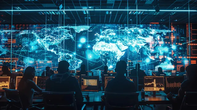 Cybersecurity analysts monitor incident alerts on large digital screens with a glowing world map.