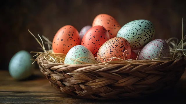 Speckled eggs in a rustic woven basket on straw with warm light and a dark blurred background.