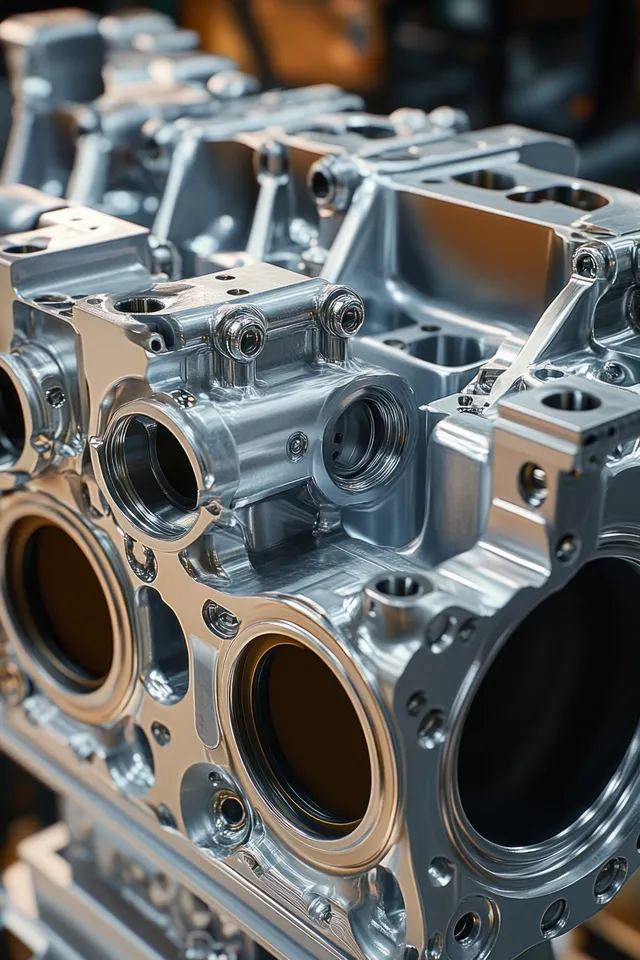 Polished engine block close-up with cylindrical openings, bolt holes, and machined metal surfaces in a workshop.