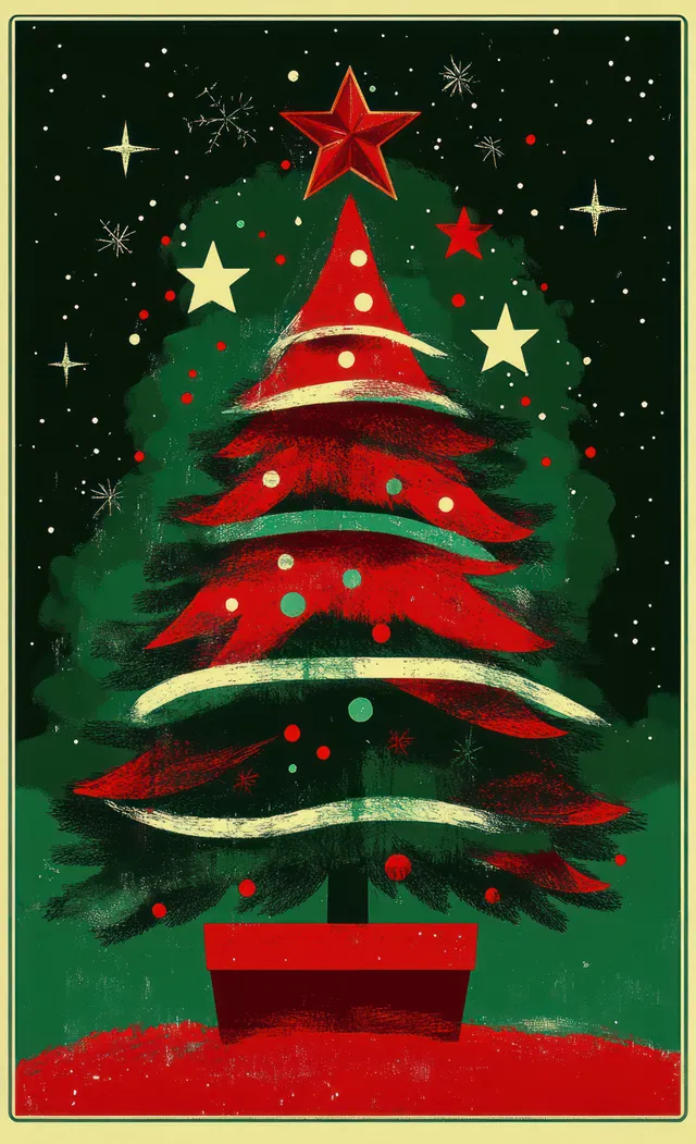 A red and green Christmas tree in a red pot with star and round ornaments stands against a dark starry background.