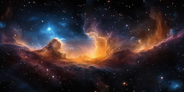 A colorful cosmic nebula swirls across deep space with glowing star points and dark silhouettes.