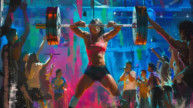 A Thai woman weightlifter raises a heavy barbell overhead in a crowded arena under bright lights.