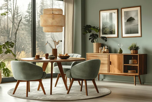 Mint upholstered chairs surround a round wooden dining table near a side cabinet and pendant lamp by a window.