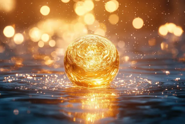 Golden glowing orb floating on dark rippling water with sparkling droplets and warm bokeh lights.