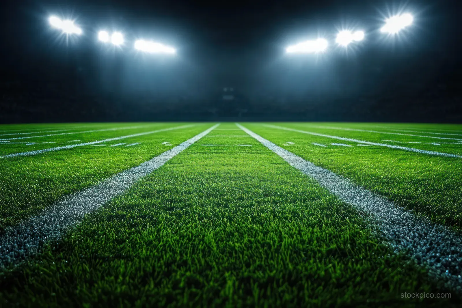 Night football field illuminated by floodlights, showing vivid green grass, yard lines, and smoky spotlight beams.