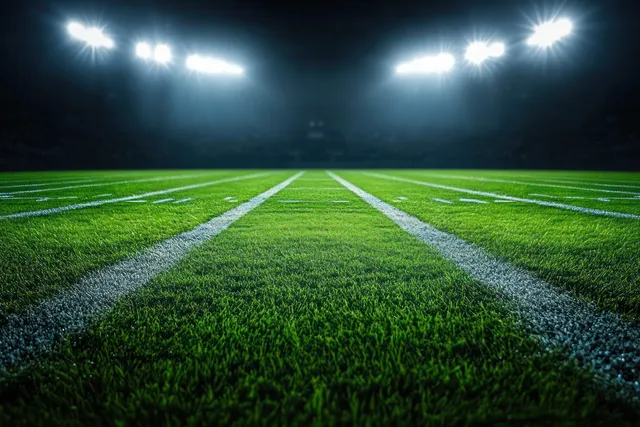 Night football field illuminated by floodlights, showing vivid green grass, yard lines, and smoky spotlight beams.