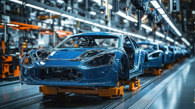 Blue car bodies move along a robotic assembly line inside a high-tech manufacturing plant