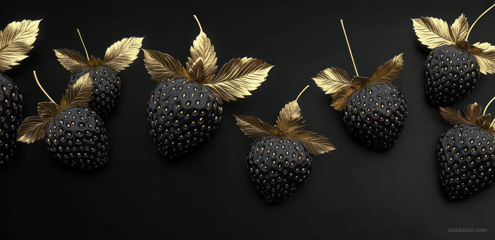 Black strawberries with gold seeds and leaf accents arranged in rows on a dark black background.