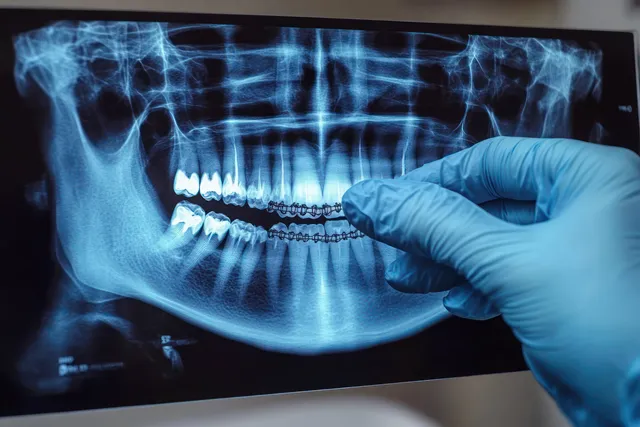 A blue-gloved hand holds a dental x-ray where braces and misalignment are visible across the teeth.