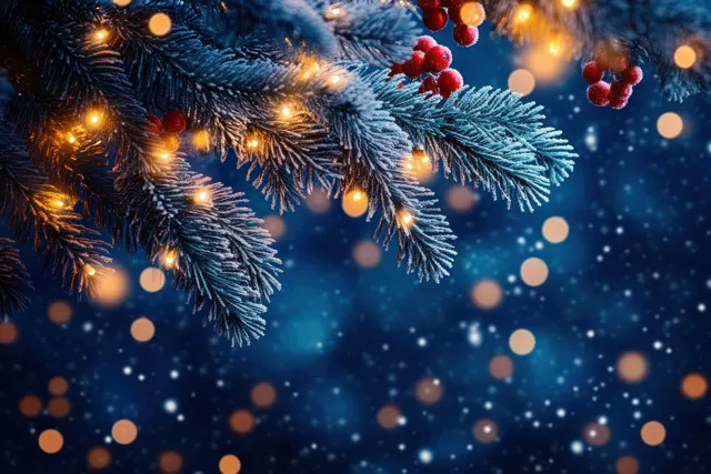 Pine branches with berries and warm fairy lights over dark blue bokeh winter background