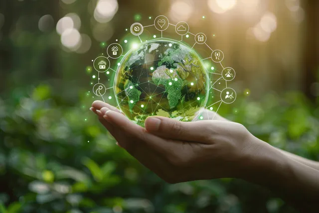 Hands holding glowing digital globe with green energy and ecology icons