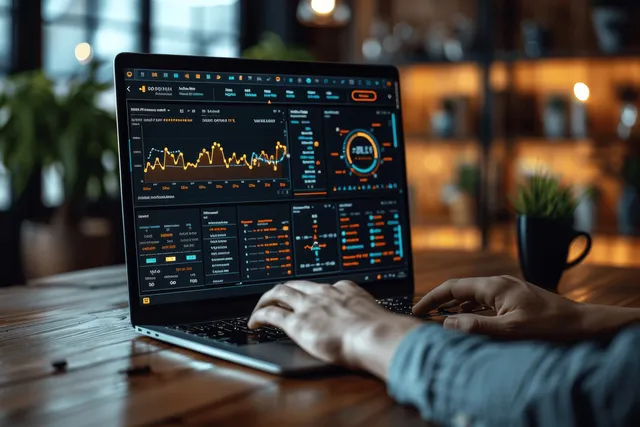 Person typing on a laptop displaying financial charts and KPI dashboard graphics in an office.
