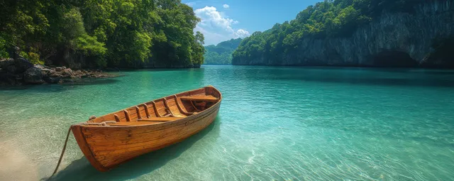 Long-tail boat glides on turquoise bay near green limestone cliffs in tropical Koh Phi Phi