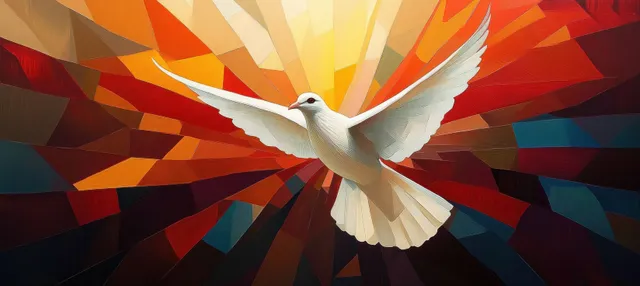 White dove centered in a geometric abstract background with colorful rays and glowing facets.