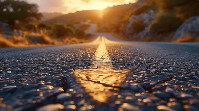 An asphalt road stretches toward a bright sunset horizon, suggesting determination and continuous progress.