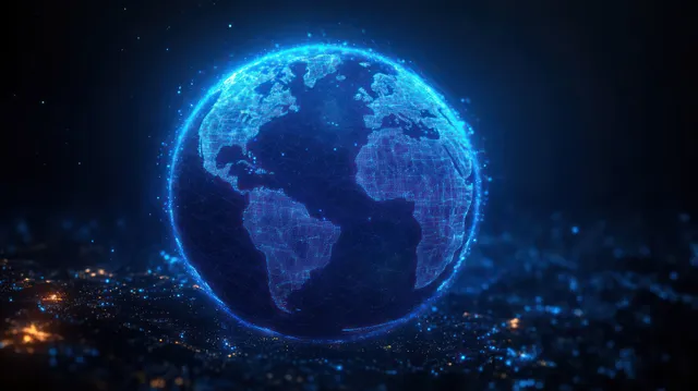 Glowing blue digital Earth with illuminated network lines and continents over a dark background.