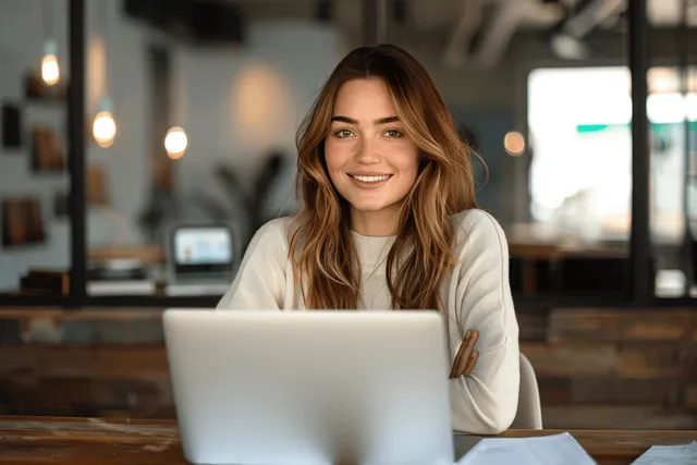 Mature woman entrepreneur smiling while working on a laptop at her desk in a modern office.