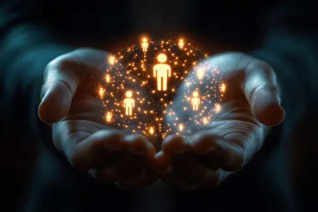 Hands hold a glowing sphere containing interconnected human icons connected by light dots.