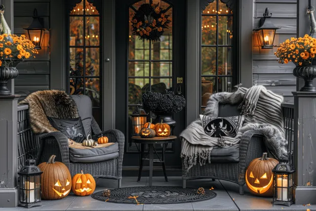 Gray wicker armchairs and fur blankets sit on a haunted porch with glowing pumpkin lanterns and dark floral decor.