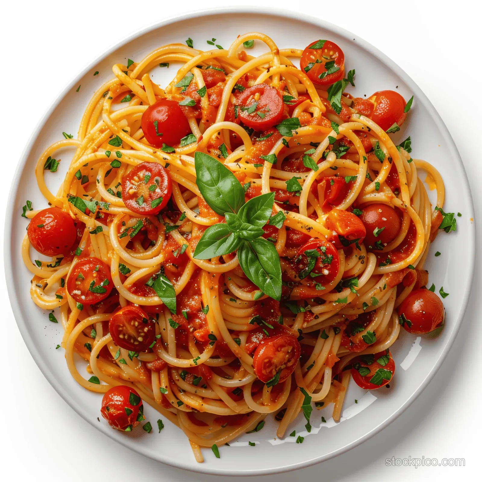 Overhead view of spaghetti with tomato sauce, basil, and cherry tomatoes on a white plate.