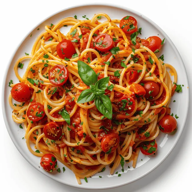 Overhead view of spaghetti with tomato sauce, basil, and cherry tomatoes on a white plate.