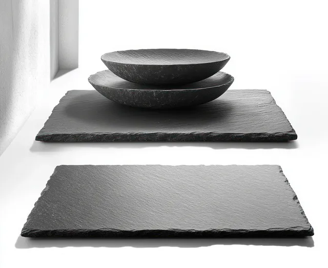 Stacked slate plates arranged as minimalist still life on a white table
