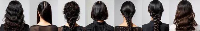 Back views of women showcasing brown and black hairstyles on a clean white backdrop