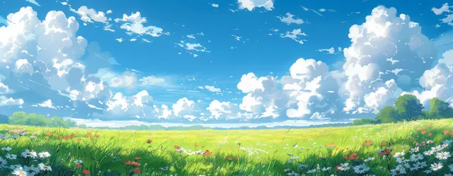 Anime-style green meadow under a bright blue sky with fluffy white clouds and distant fields.