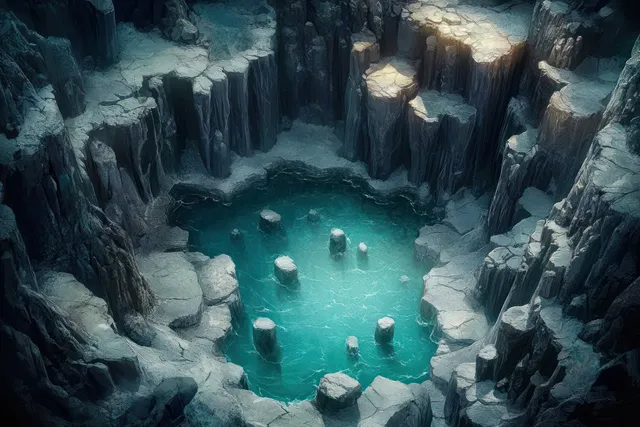 Turquoise pool glows inside a shadowy underground cave with jagged rock formations.