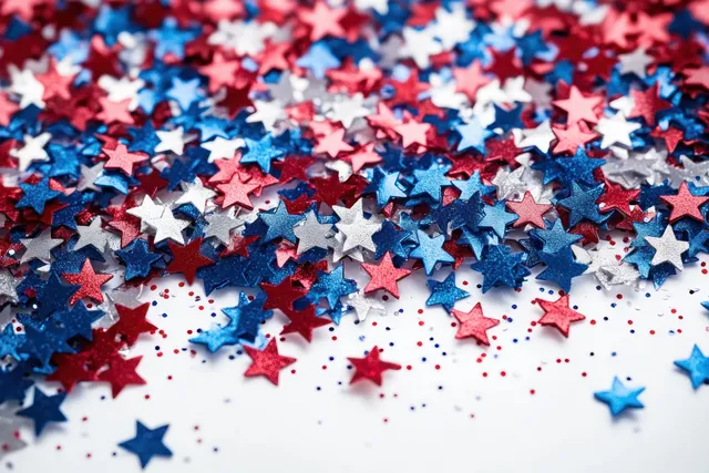 Scattered red, white, and blue star glitter on a white background with shimmering highlights