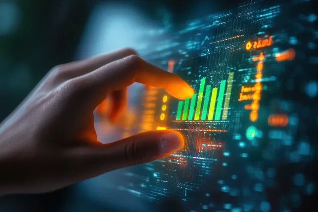Hand adjusting energy efficiency rating charts on glowing digital dashboard in dark environment