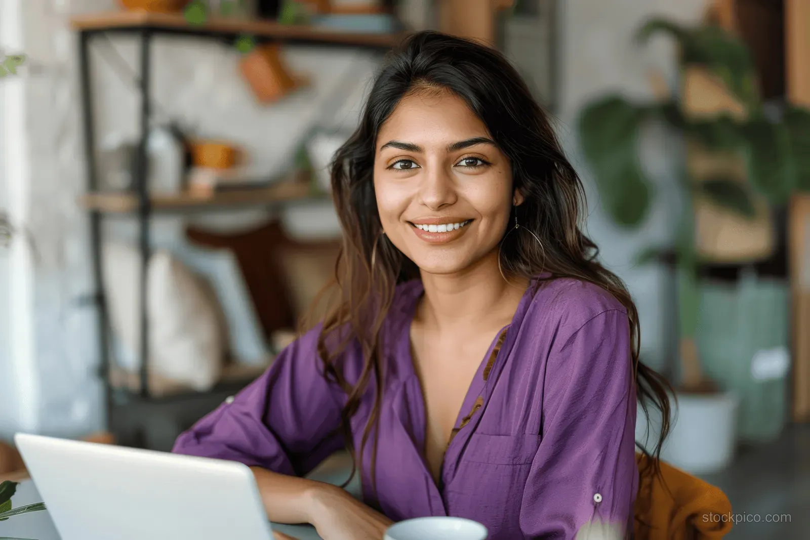 Smiling Indian woman in a purple shirt works on a laptop while holding a cup of coffee in her cozy home office.
