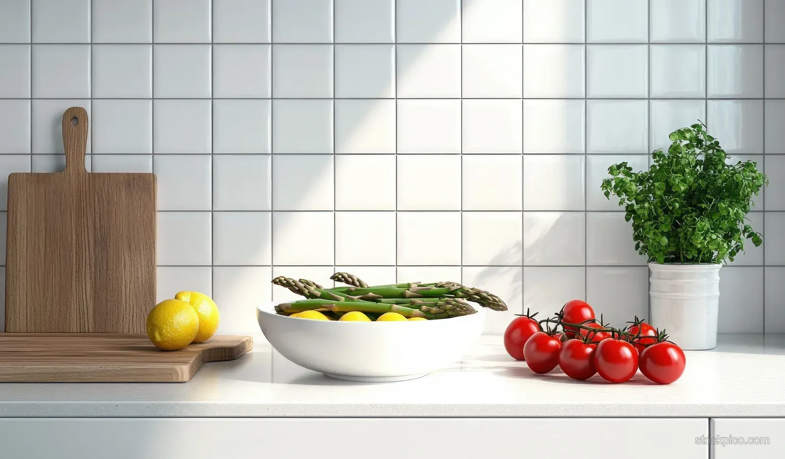 Asparagus, cherry tomatoes, lemons, and fresh herbs sit in a white bowl on a kitchen counter beside a potted plant.